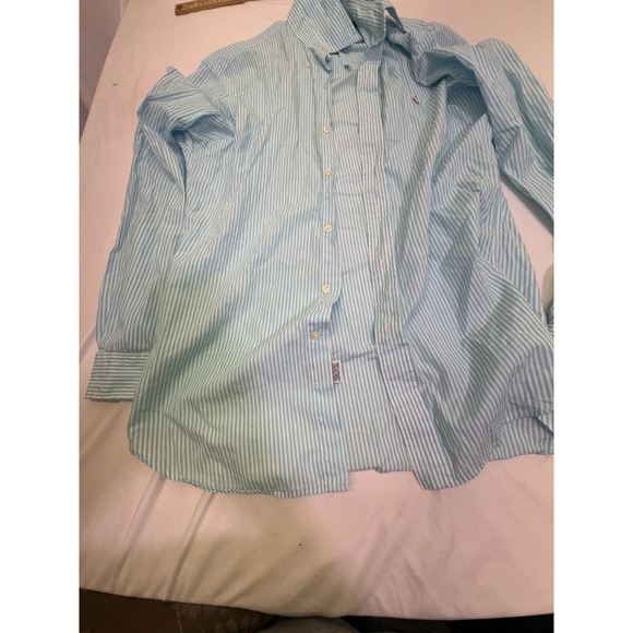 Ralph Lauren Slim Fit Light Blue Stripe Button Down Shirt Pink Pony Logo Sz M - Picture 2 of 6